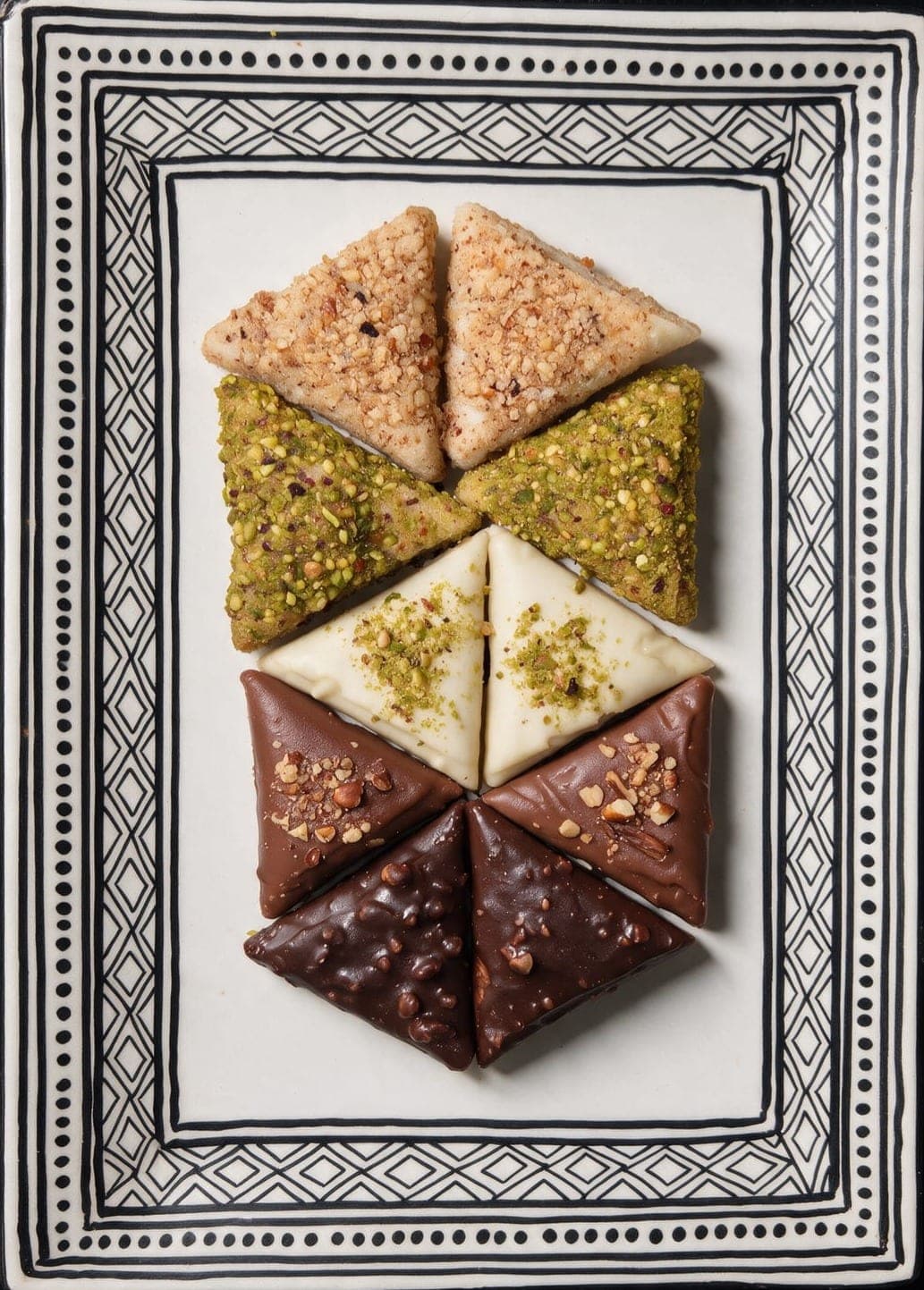 All five Samsa finishes arranged in a wheel on a hand painted Tunisian ceramic tray